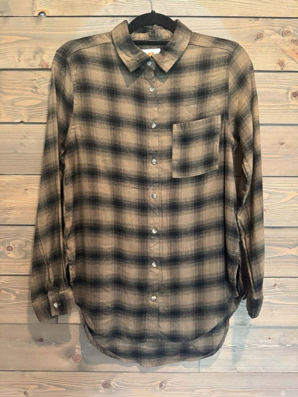 C&C California Tan and Black Plaid Button Down Shirt Size M